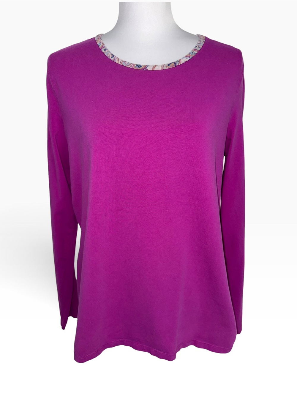 Lands’ End Women’s L Purple Long Sleeve Top Paisley Trim Cotton Stretch